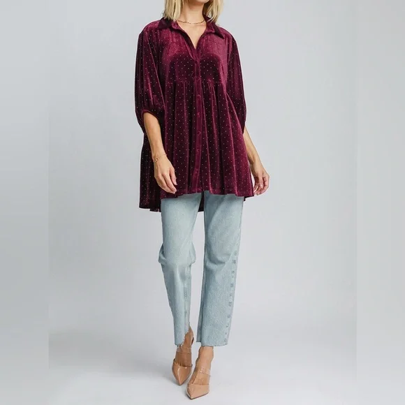 NWT Umgee PLUS + REG Size Red Polka Dot Button Down Babydoll Style Shirt Top - Picture 6 of 6